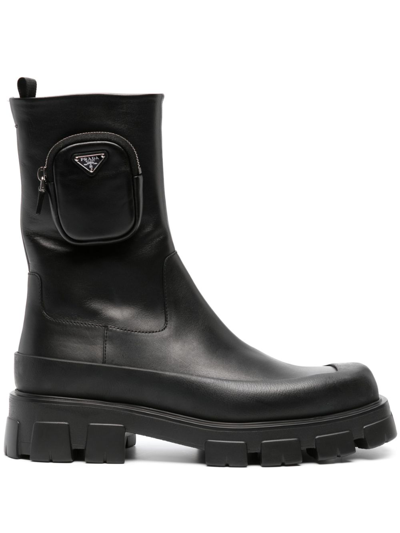 Prada Men's Cobblestone Leather Ankle Boots With Pouch In Black