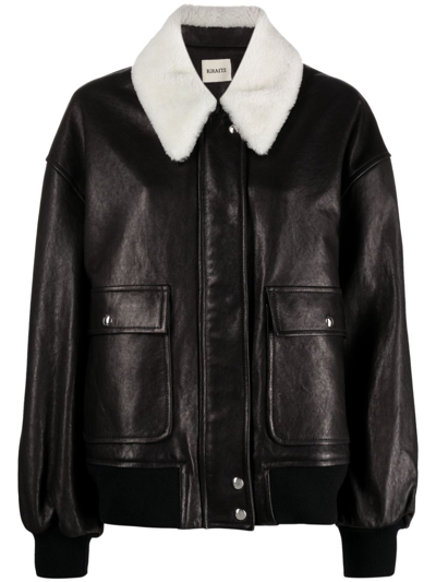 Khaite Shellar Shearling Collar Leather Aviator Jacket In Black