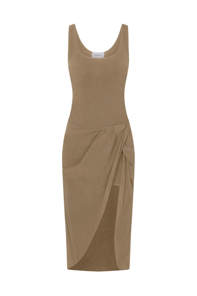 Anemos The Selene Drop Waist Drape Midi Dress In Textured Stretch In Taupe
