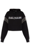 Balmain Cropped Hoodie With Rhinestone-studded Logo And Crystal Cupchains In Black