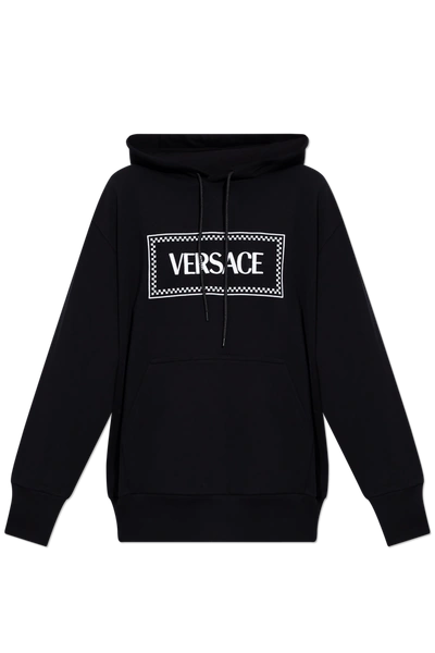 Versace Embroidered Logo Hoodie In Black