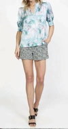 Current Air Abstract Printed Shirt Sleeve Ruffled Split Neck Blouse In Ocean Mulit In Green