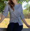 Eva Franco Yang Top Front Tie Blouse In Stripe Gold Lurex In Blue