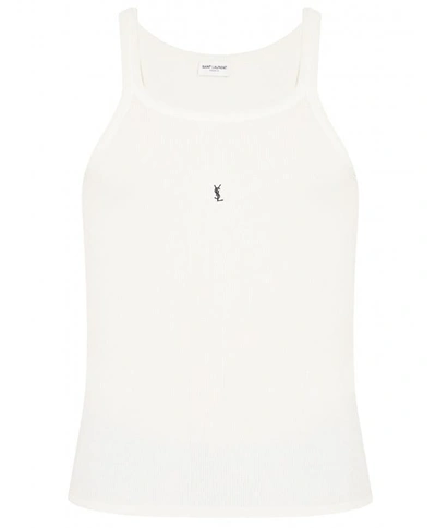 Saint Laurent Cassandre Logo Patch Cotton Tank Top In Ivory,black