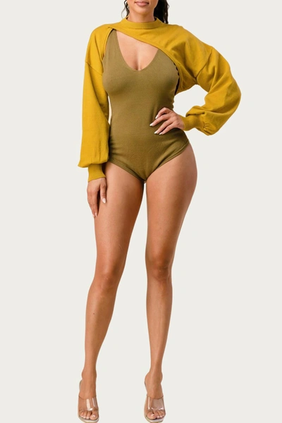 The Sang Cutout Cropped Bodysuit Bolero Set In Kiwi/olive In Yellow