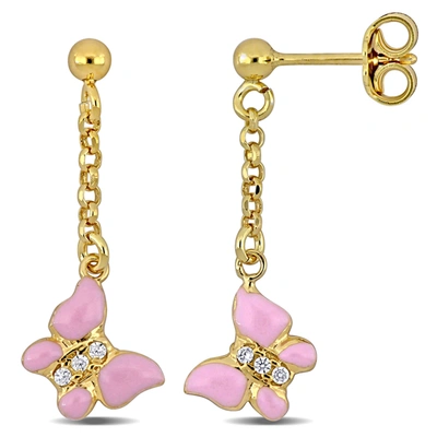 Mimi & Max Cubic Zirconia Pink Enamel Butterfly Drop Earrings In Yellow Plated Sterling Silver