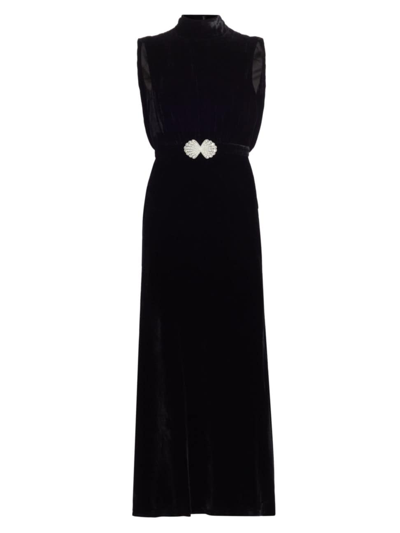 Saloni Fleur Sleeveless Velvet Embellished-waist Midi Dress In Black Pearl Clamshell