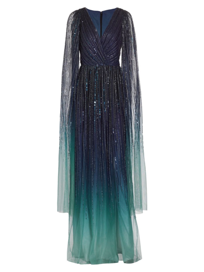 Marchesa Notte Women's Embellished Chiffon Cape-sleeve Gown In Navy Multi