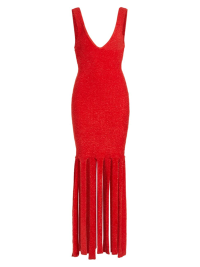 Simon Miller Tira Sleeveless Fringe Knit Midi Dress In Red