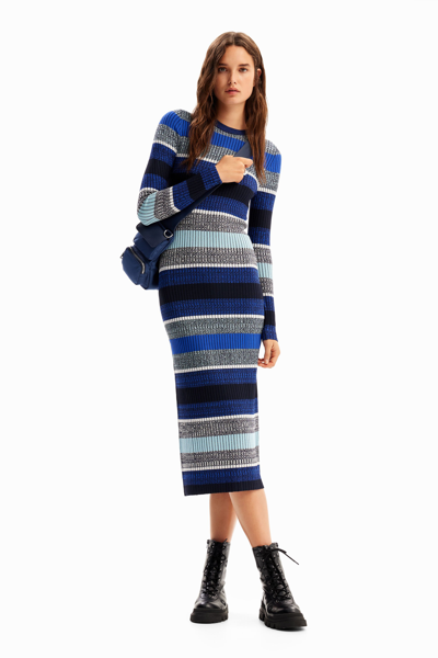 Desigual Stripy Ribbed Midi Dress In Blue