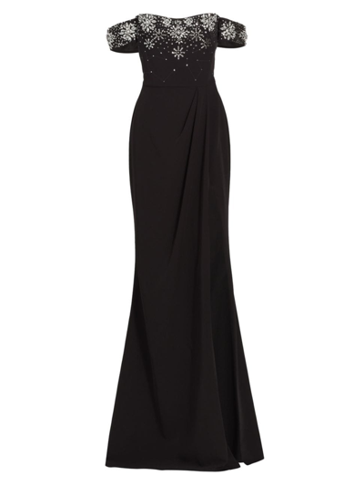Marchesa Notte Women's Beaded Stretch Crepe Off-the-shoulder Gown In Black