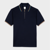 PAUL SMITH NAVY COTTON 'SIGNATURE STRIPE' TRIM ZIP POLO SHIRT BLUE