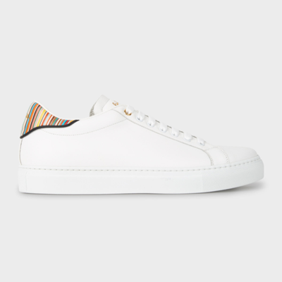 PAUL SMITH WHITE LEATHER 'BECK' TRAINERS WITH 'SIGNATURE STRIPE' HEEL PANELS