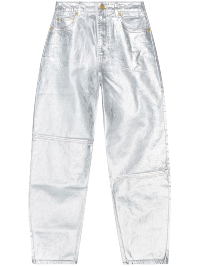 Ganni White Metallic Tapered Jeans In Silver