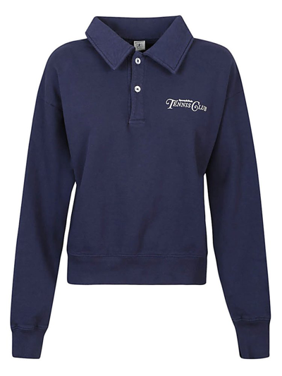 Sporty And Rich Sporty & Rich Logo Printed Long Sleeved Polo Top In Navy