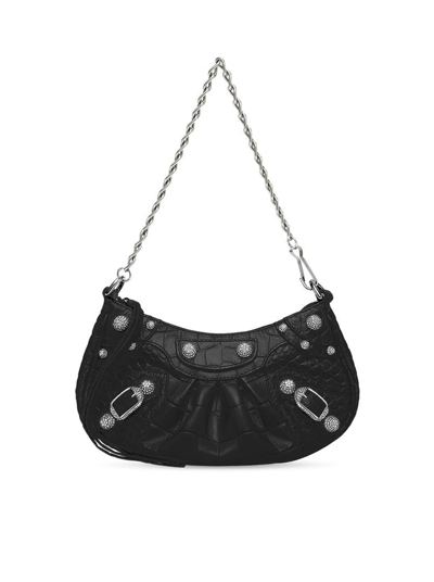 Balenciaga Women's Le Cagole Mini Bag With Chain Crocodile Embossed With Rhinestones In Black