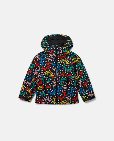 Stella Mccartney Kids' Starburst Print Hooded Puffer Coat In Black Multicolour