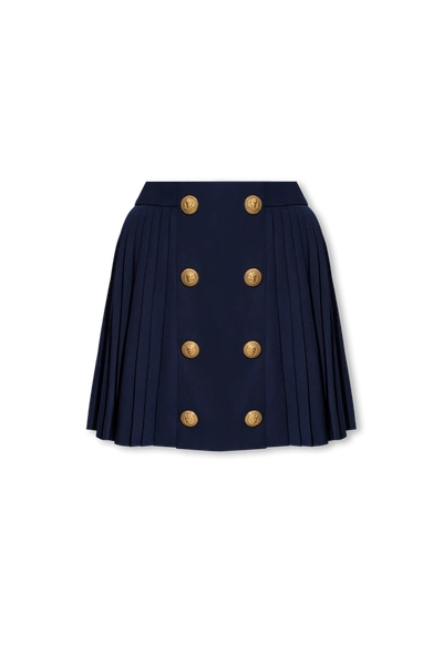 Balmain Button-embellished Pleated Wool Mini Skirt In Navy