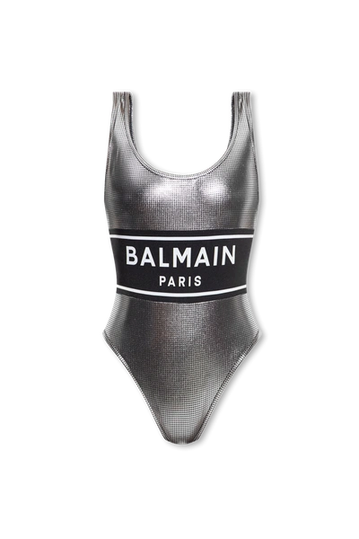 Balmain Logo-print Metallic-effect Swimsuit In Black