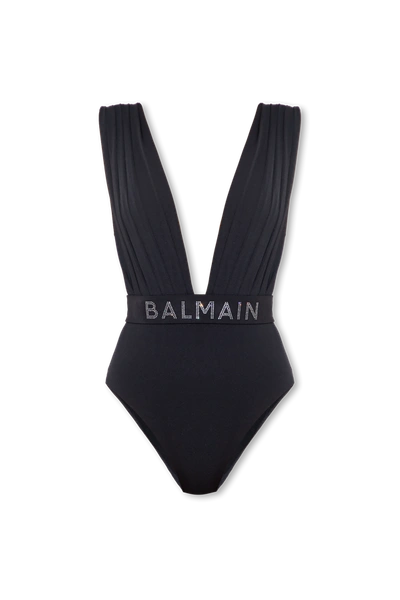 Balmain Draped Swimsuit In Black