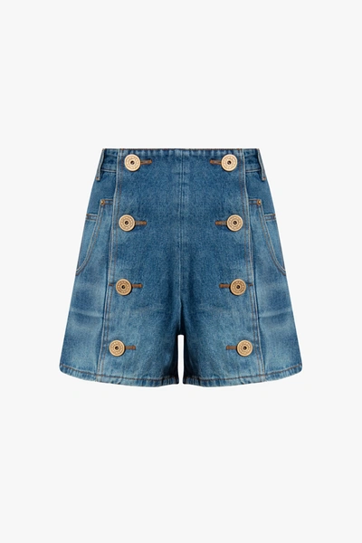 Balmain Washed Bronze Coin Button High Waisted Denim Shorts In Blue
