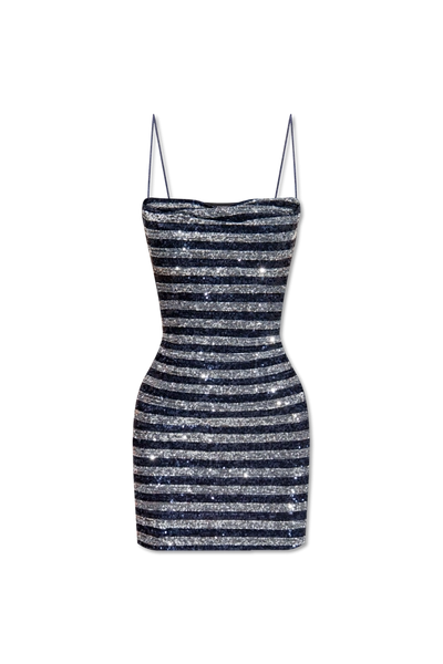 Balmain Sequin Striped Cowl-neck Mini Dress In Blue