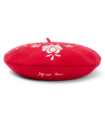 Kenzo Kids' Embroidered Wool-blend Beret In Red