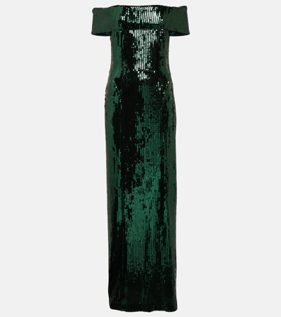 Galvan Glencoe Off-the-shoulder Sequinned Gown In Emerald