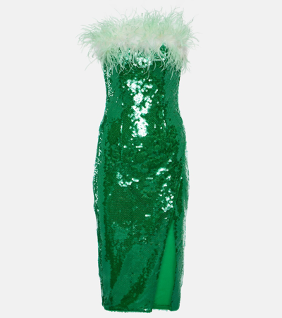 Self-portrait Feather-trimmed Sequined Midi Dress In Green