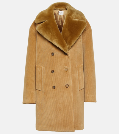 Miu Miu Shearling-trimmed Corduroy Coat In Brown
