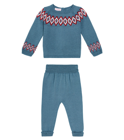 La Coqueta Baby Set Of Wool Cardigan And Pants In Blue