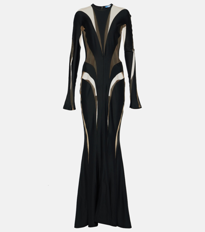 Mugler Paneled Tulle And Jersey Gown In Black
