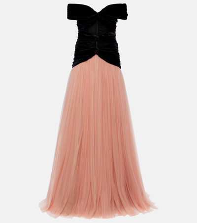Costarellos Celestine Velvet And Chiffon Gown In Pink