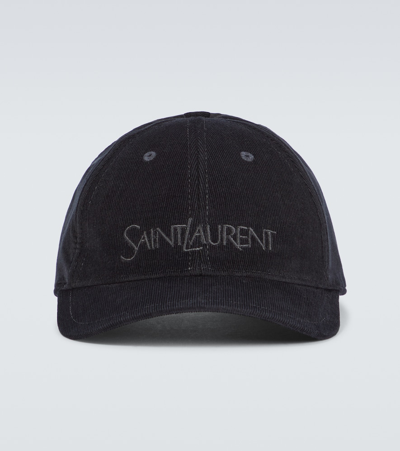 Saint Laurent Logo Corduroy Baseball Cap In Black