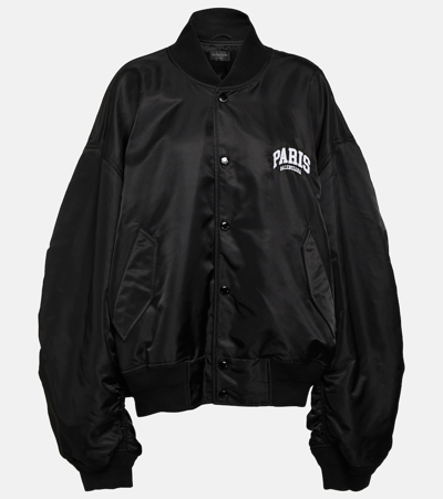 Balenciaga Paris Satin Varsity Jacket In Black