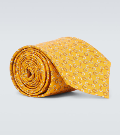 Gucci Horsebit And Interlocking G Printed Silk Tie In Yellow