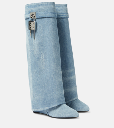 Givenchy Shark Lock Denim Knee-high Boots In Blue