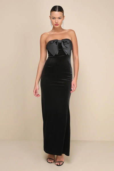 Lulus Dramatic Stunner Black Velvet Bow Strapless Maxi Dress