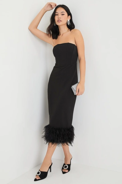 Lulus Fancy Behavior Black Bustier Strapless Feather Midi Dress