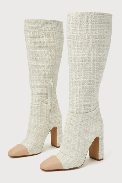 Steve Madden Ally-c Natural Multi Boucle Knee-high High Heel Boots In White