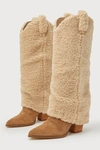 STEVE MADDEN LASSY TAN SUEDE FAUX FUR FOLDOVER KNEE-HIGH WESTERN BOOTS