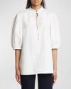 Chloé Cotton Keyhole Puff Sleeve Tie Neck Top In Buttercream