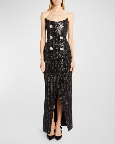 BALMAIN SEQUINED STRAPLESS DRESS WITH JEWEL DOUBLE-BREAST BUTTONS
