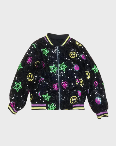 Lola + The Boys Kids' Girl's Peace And Love Sequin Bomber Jacket In Black