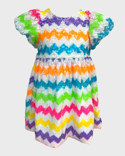 Lola + The Boys Kids' Girl's Zig Zag Rainbow Sequin Dress In Multi