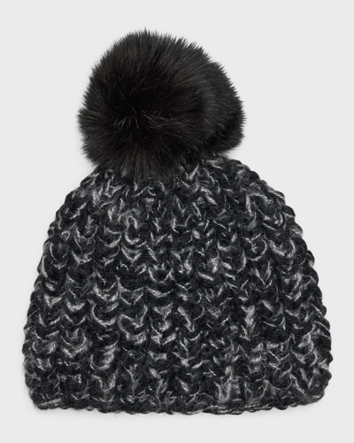 Surell Accessories Chunky Crochet Knit Beanie With Faux Fur Pom In Black Tweed