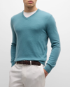 Neiman Marcus Men's Cashmere V-neck Sweater In Myrtle Green