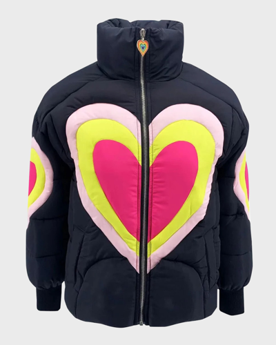 Lola + The Boys Kids' Girl's Electric Hearts Puffer Jacket In Black