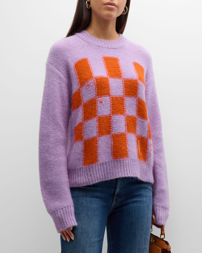 Lingua Franca Janell Embroidered Check Intarsia Sweater In Soft Purple