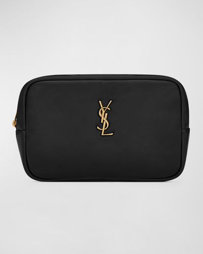 Saint Laurent Cassandre Medium Ysl Cosmetic Pouch In Smooth Padded Leather In Noir